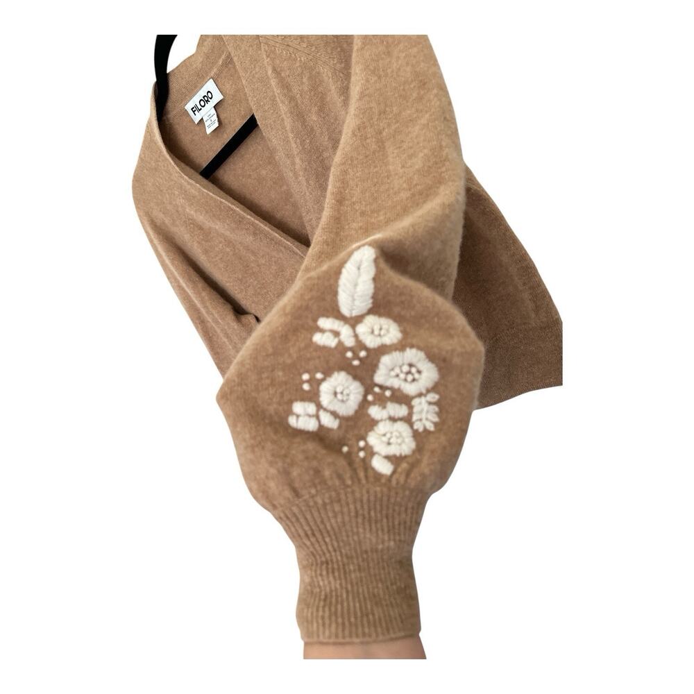 FILORO 100%Cashmere Floral Embroidered Sleeve Cardigan Sweater - Tan Camel S - Picture 6 of 6